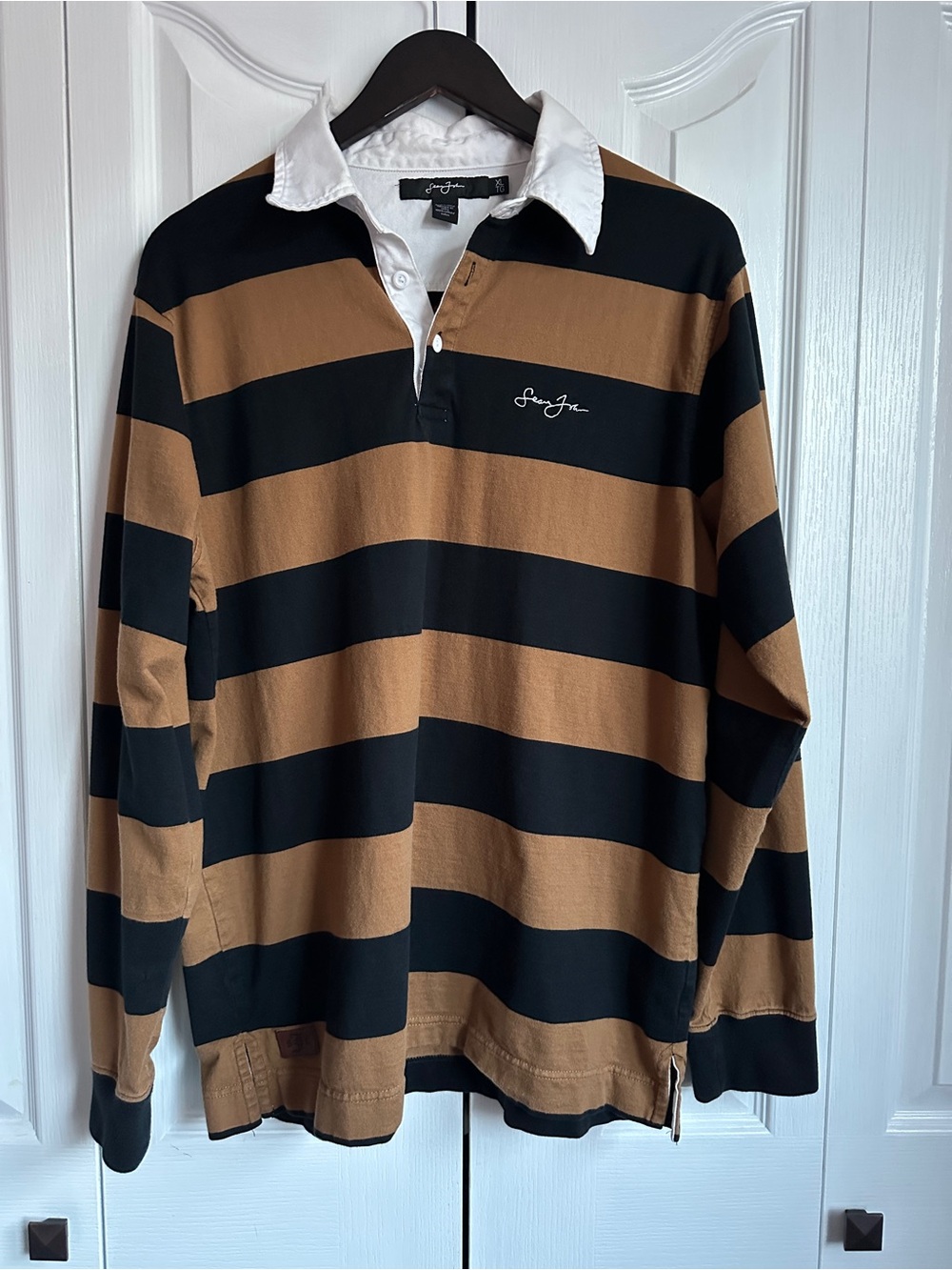 Vintage Sean John Black & Brown Striped Rugby Polo Long Sleeve XL